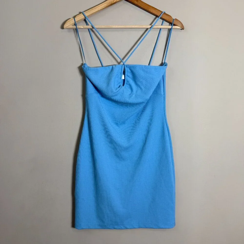 Mango Crisscross Strap Bodycon Mini Dress Women's 2 Blue Going Out Ribbed NWOT - Picture 6 of 14